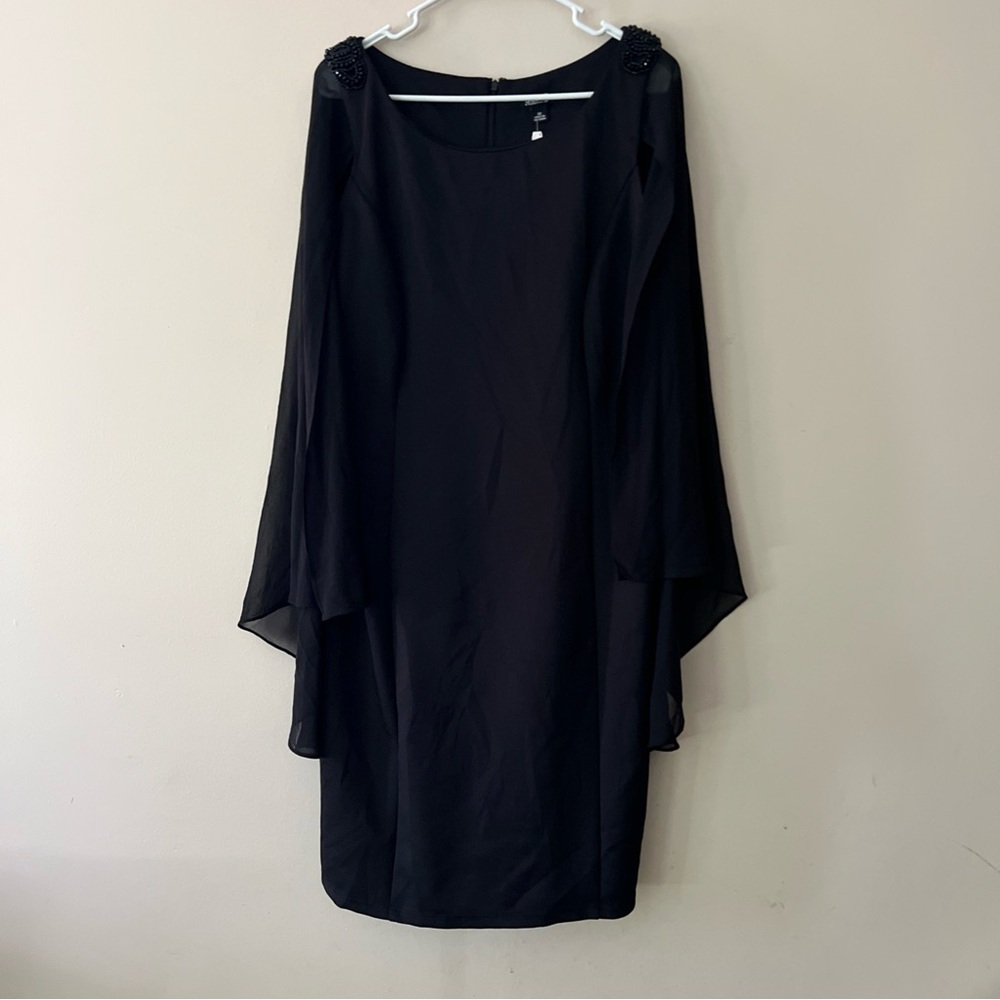 SLNY Cape Layered Evening Dress w/ Cold Shoulder Rhinestones Black Women’s 12